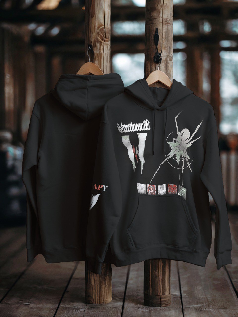 Fashion campaign showing two graphic hoodies