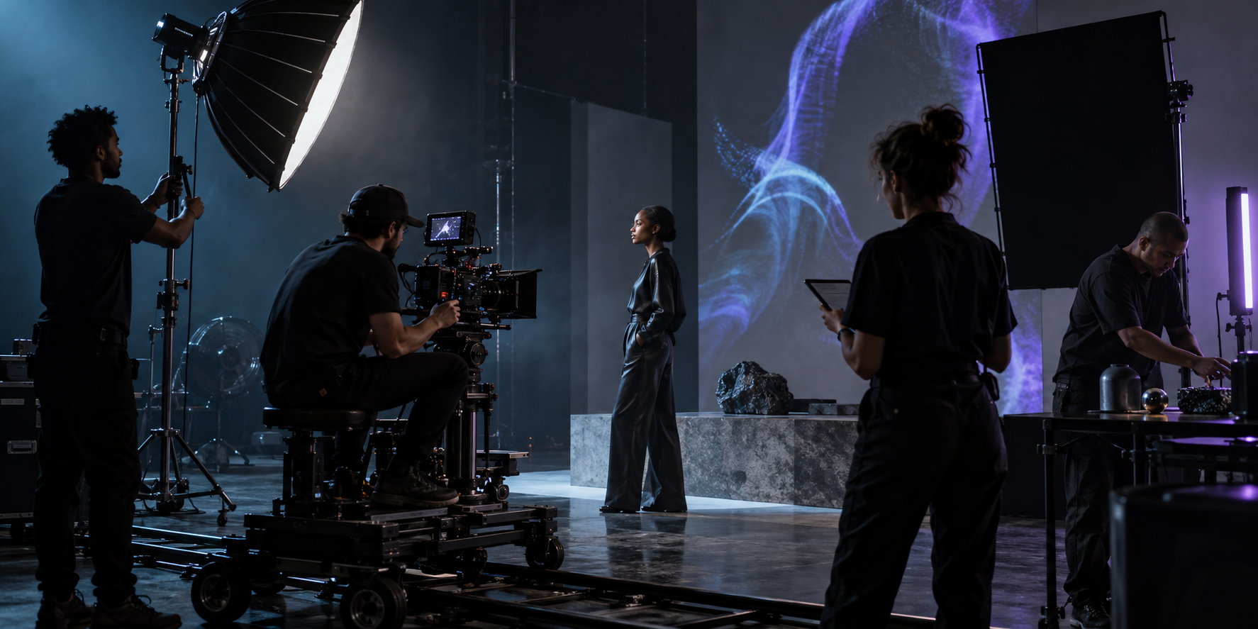 Creative production crew filming a campaign in a modern studio